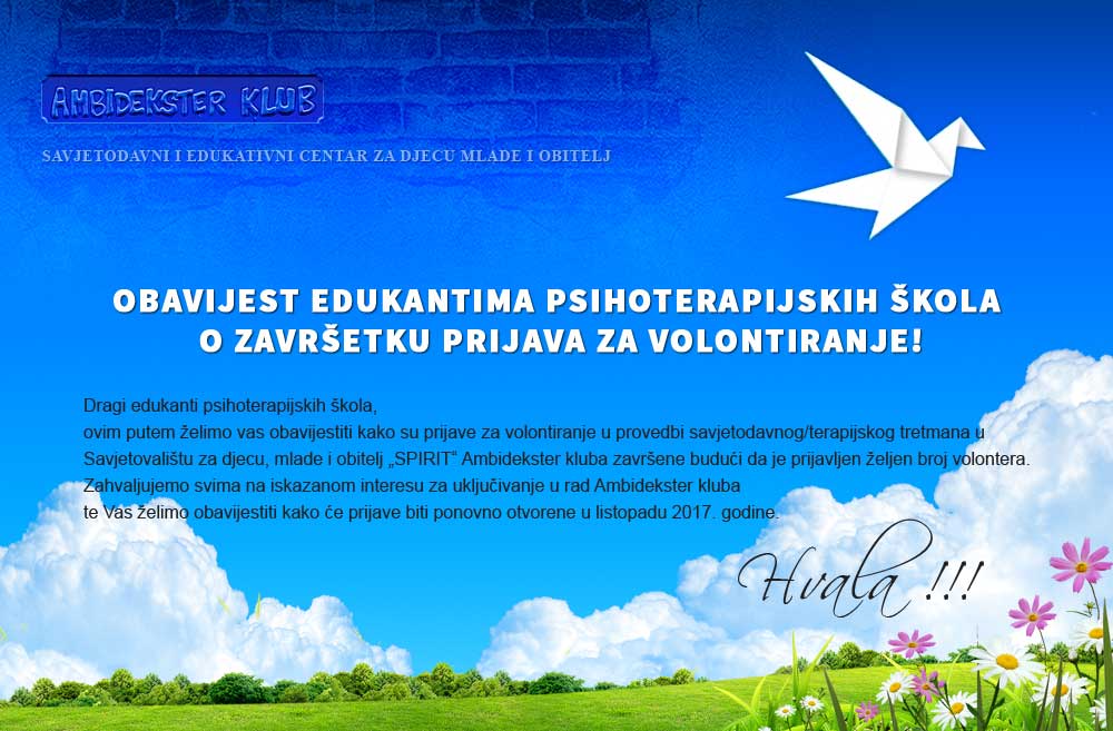 Obavijest edukantima psihoterapijskih škola o završetku prijava za volontiranje!