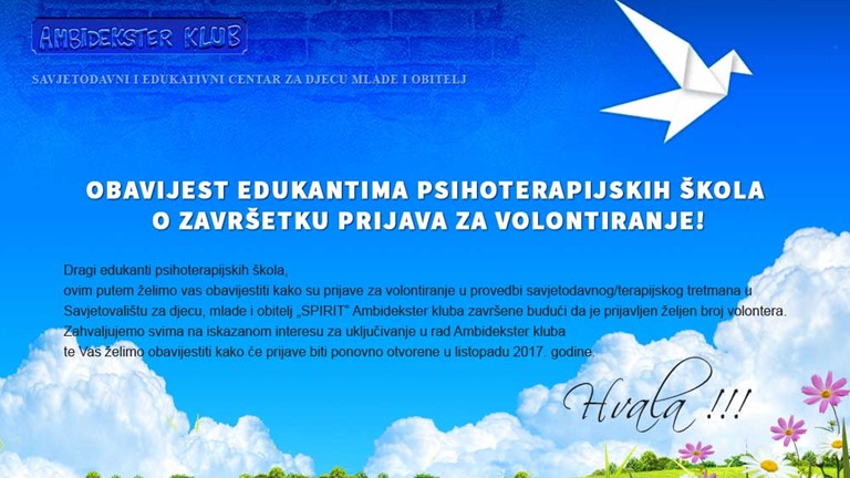 Obavijest edukantima psihoterapijskih škola o završetku prijava za volontiranje!
